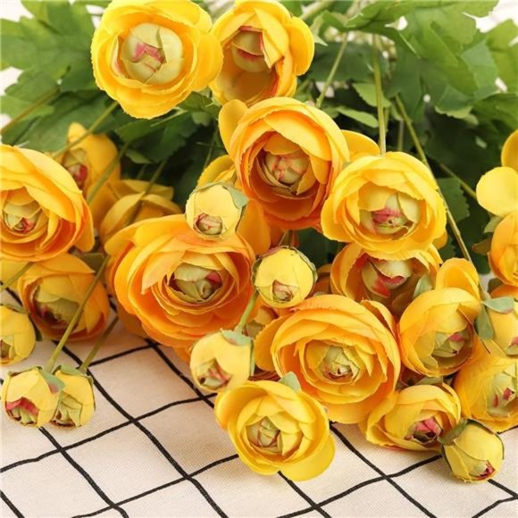 Artificial SilkFlowers Persian Buttercup HeavyColor RanunculusFlower 5Pcs,Yellow - Picture 3 of 6